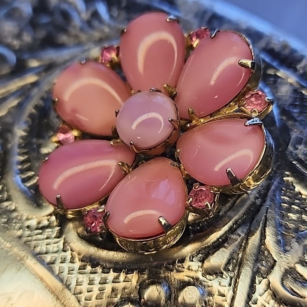 Vintage Pink Floral Brooch with Pink Rhinestone Embellishments